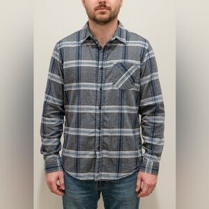 Blue Crown Grey and Blue Plaid Button Down Long Sleeve with Collar, XL